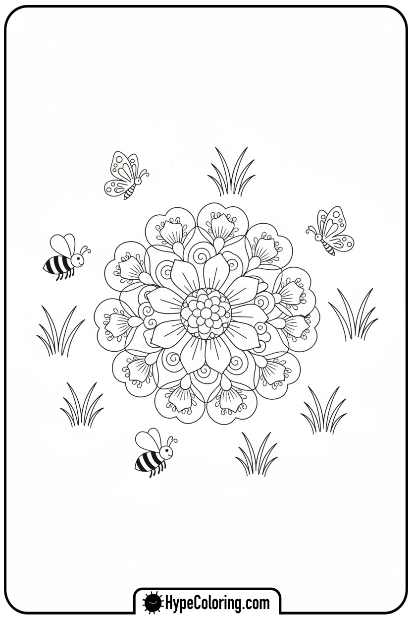 flower-mandala-with-garden-friends - flower mandala coloring pages