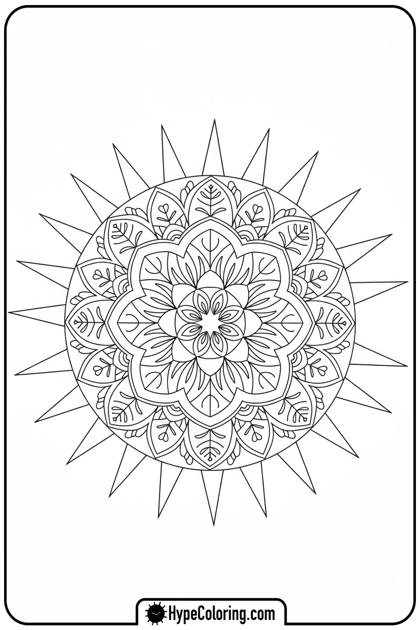flower-mandala-with-radiating-sun-rays - flower mandala coloring pages