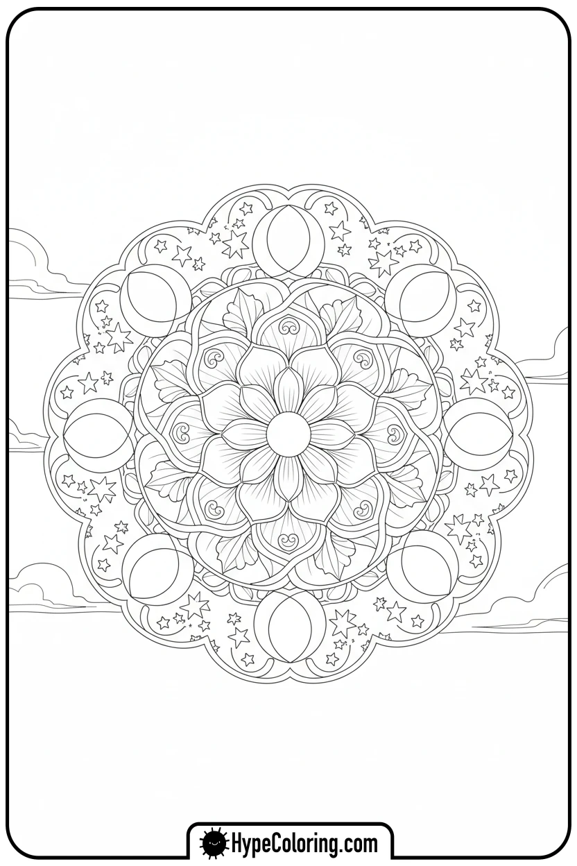 flower-mandala-with-moons-and-stars - flower mandala coloring pages