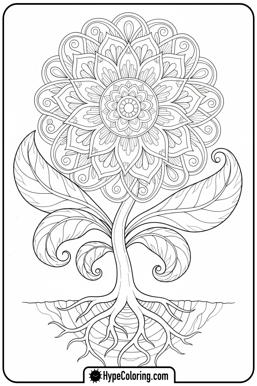 growing-flower-mandala-with-roots - flower mandala coloring pages