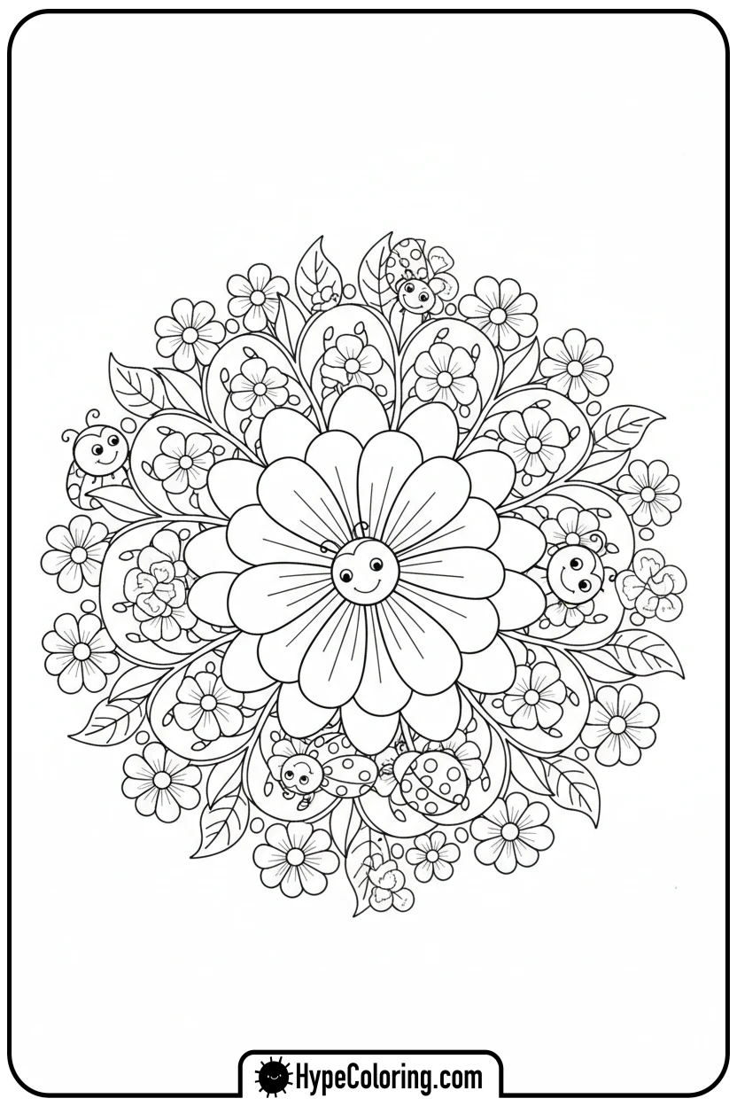 flower-mandala-with-friendly-ladybugs - flower mandala coloring pages