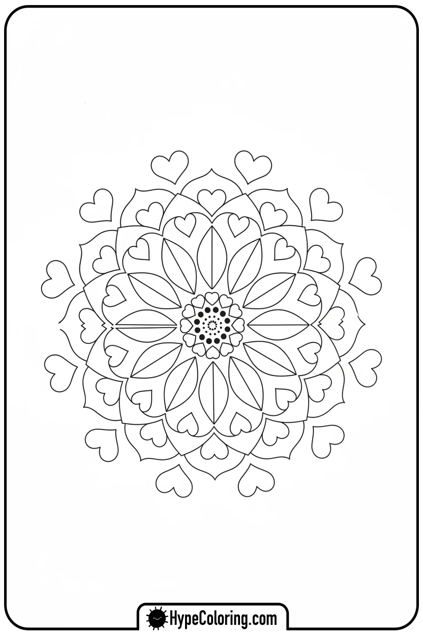 flower-mandala-with-heart-border - flower mandala coloring pages
