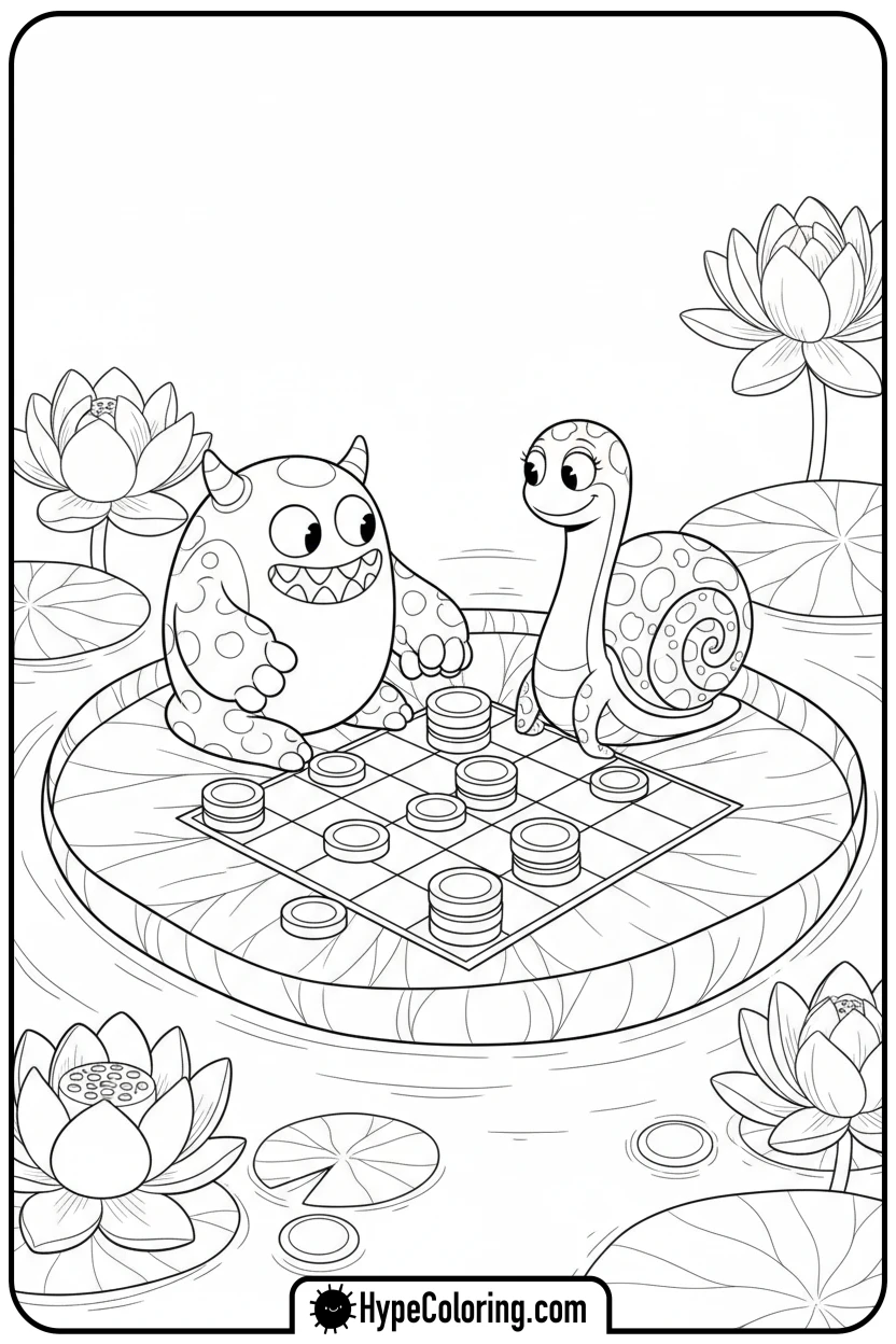nabnab-and-slow-seline-playing-checkers - garten of banban coloring pages