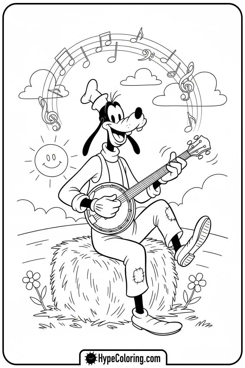 goofy-playing-banjo-on-hay-bale - goofy coloring pages