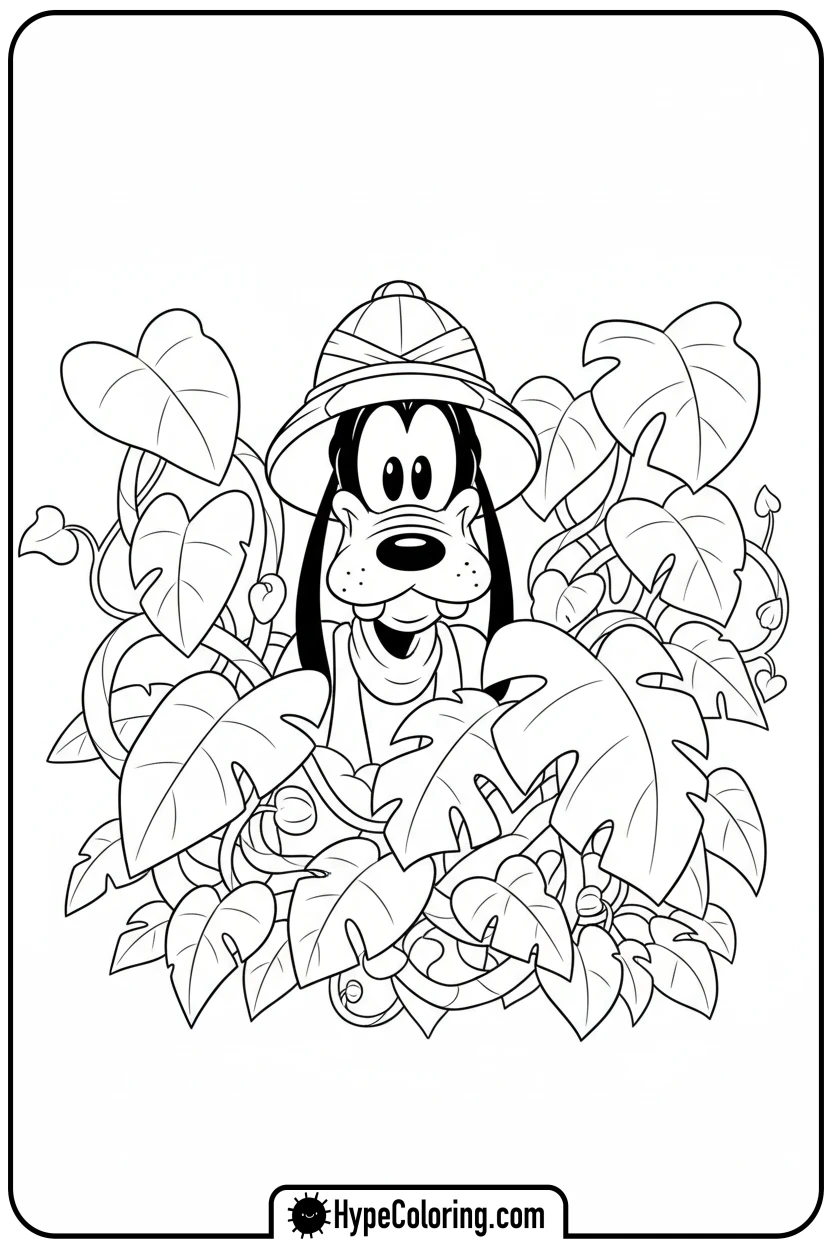 goofy-peeking-from-jungle-plant - goofy coloring pages