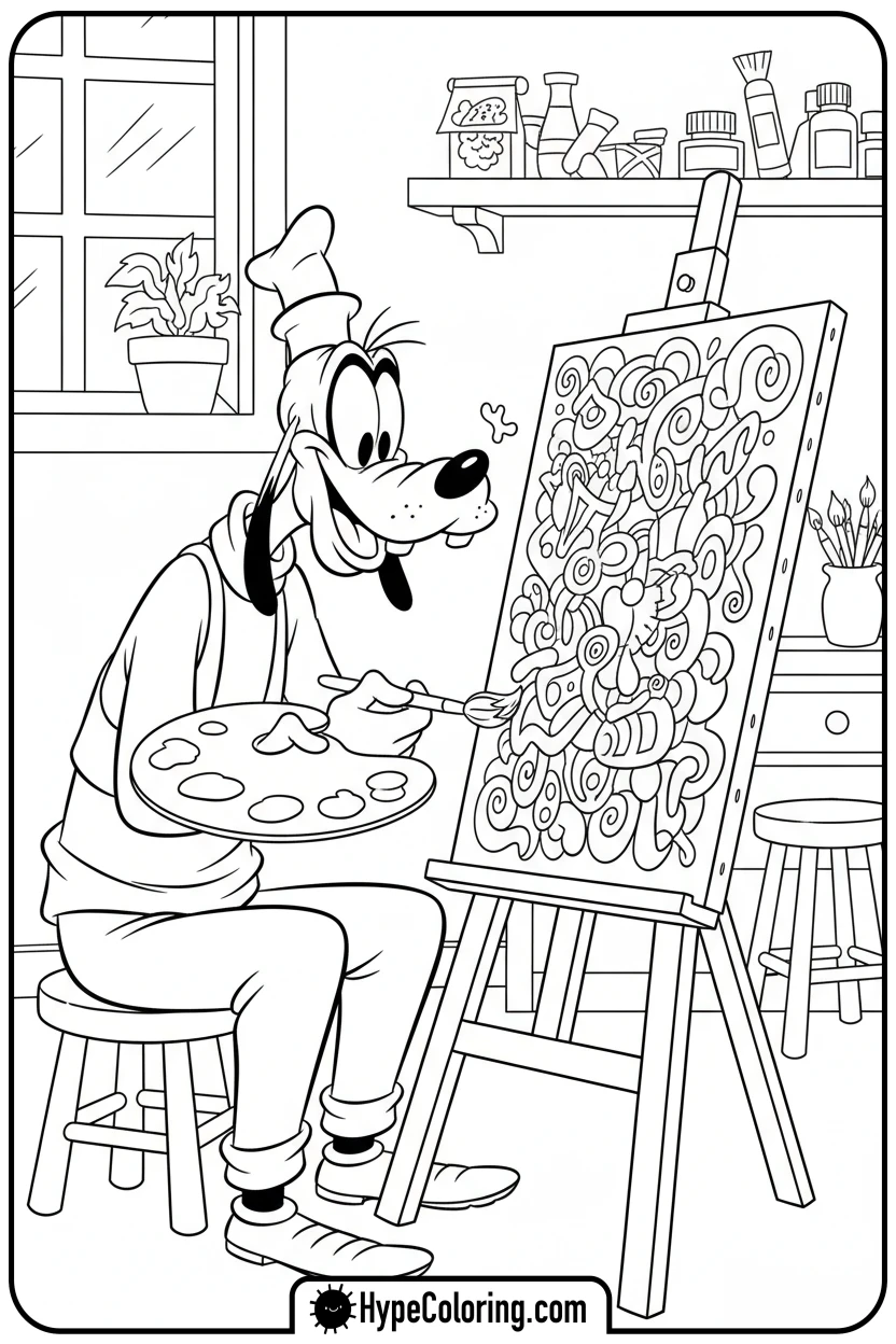 goofy-painting-at-easel - goofy coloring pages