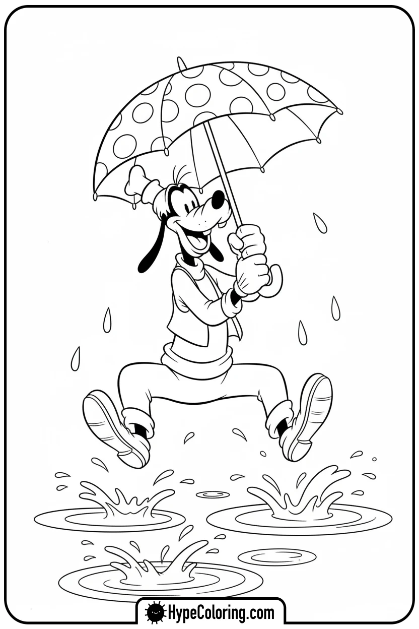 goofy-skipping-in-rain-with-umbrella - goofy coloring pages