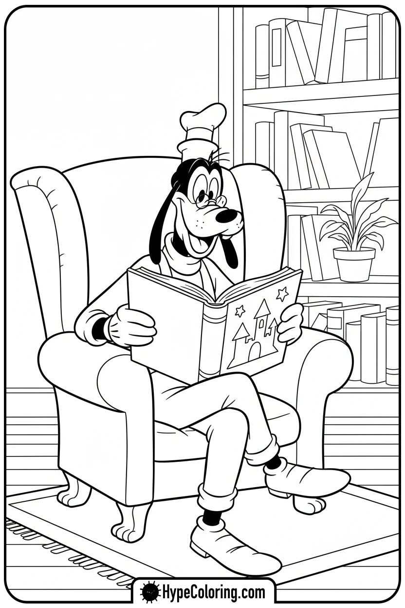 goofy-reading-book-in-armchair - goofy coloring pages