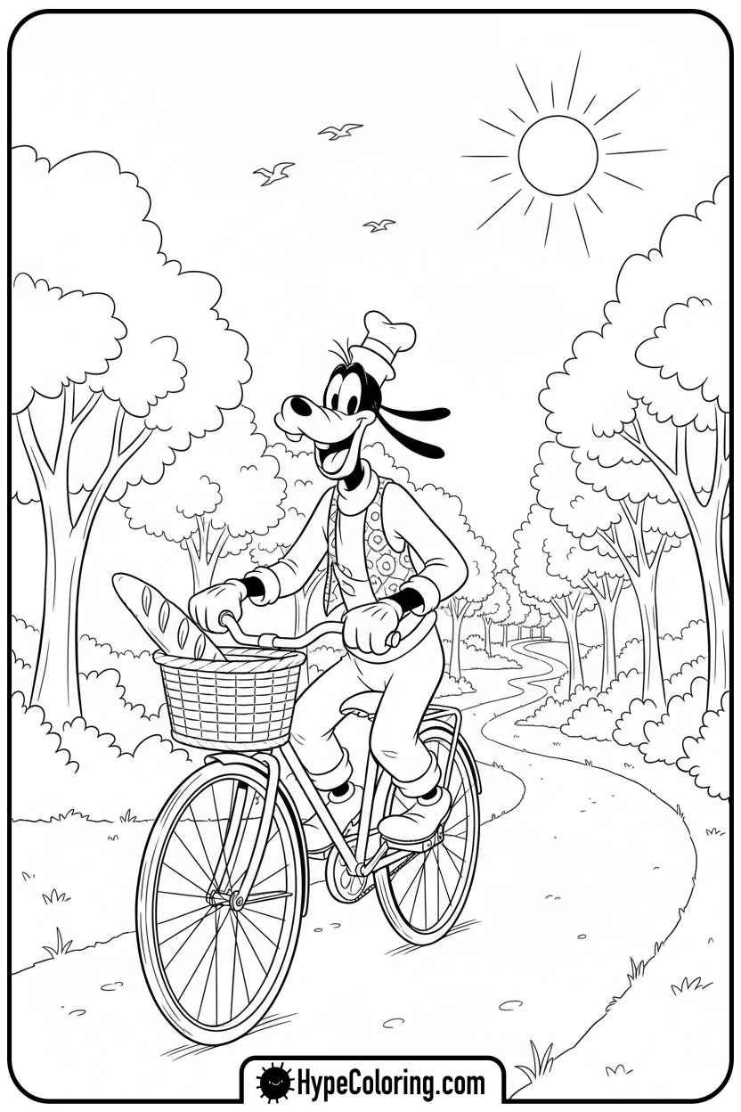 goofy-riding-bicycle-with-baguette - goofy coloring pages