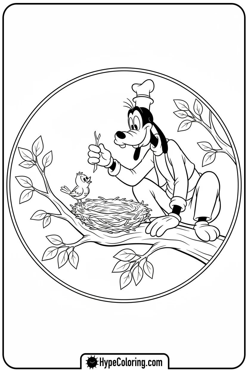 goofy-helping-bird-build-nest - goofy coloring pages