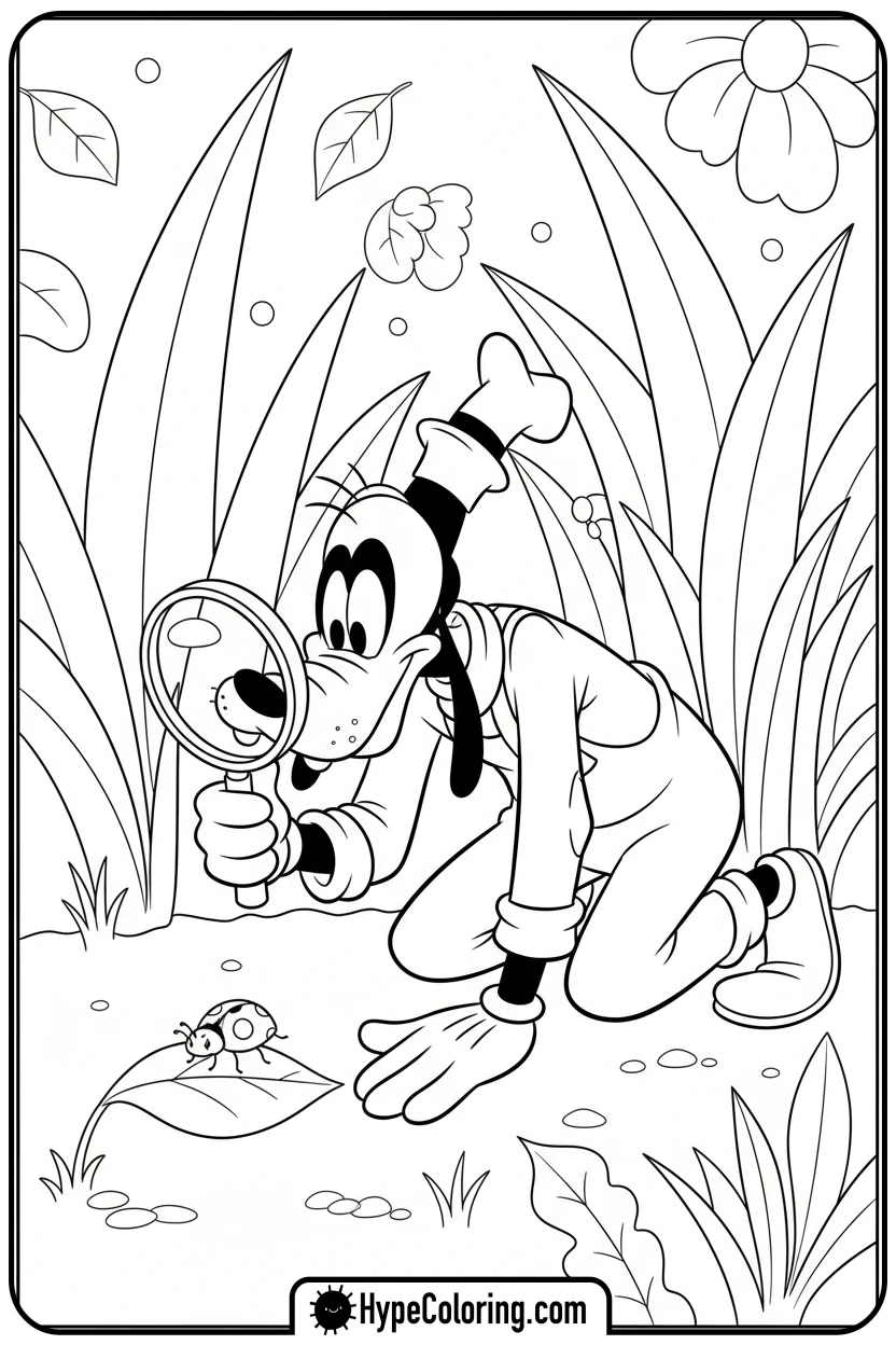goofy-examining-ladybug-with-magnifying-glass - goofy coloring pages
