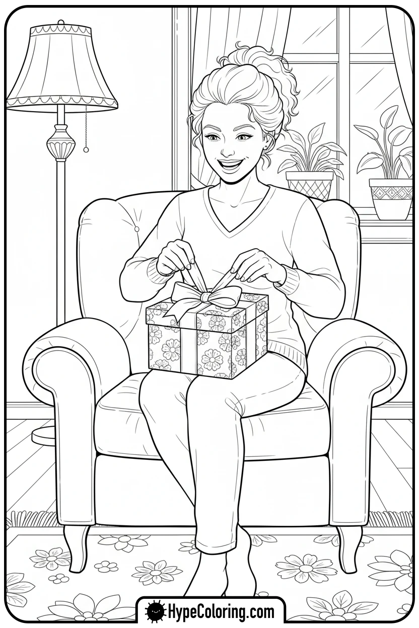 Click to download PDF mom-opening-a-present - happy birthday mom coloring page