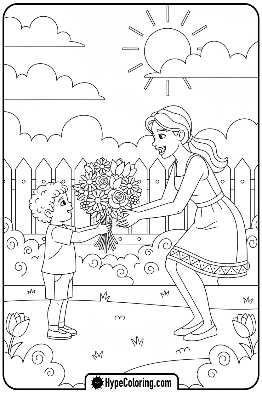 Click to download PDF child-giving-flowers-to-mom - happy birthday mom coloring page