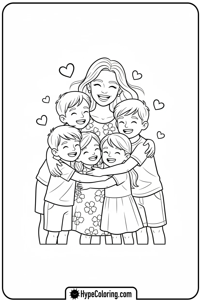 Click to download PDF family-hugging-mom - happy birthday mom coloring page