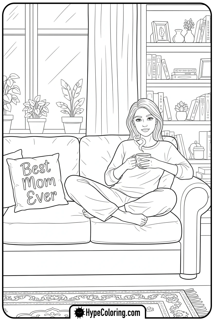Click to download PDF mom-relaxing-with-tea - happy birthday mom coloring page