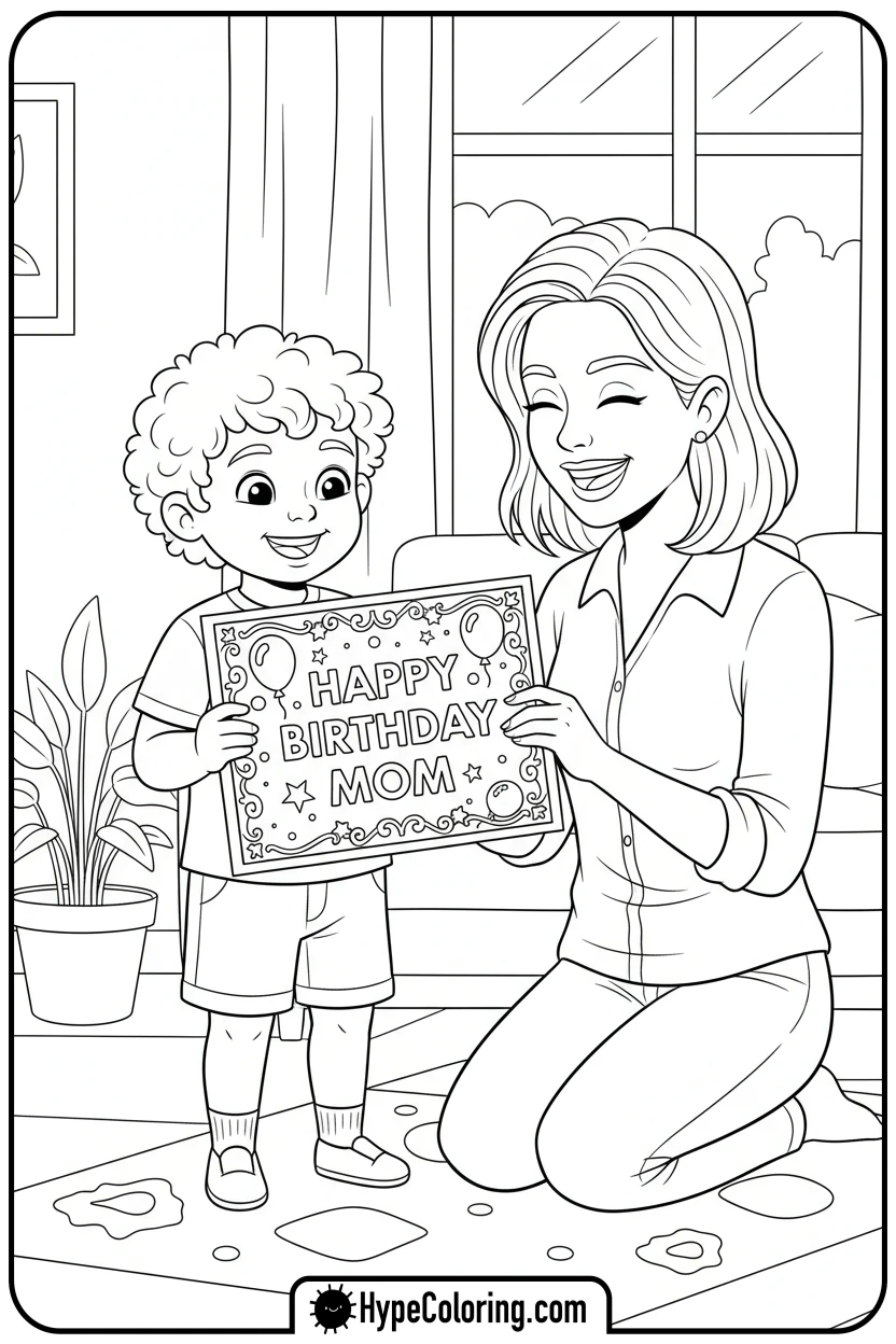 Click to download PDF child-showing-mom-a-card - happy birthday mom coloring page