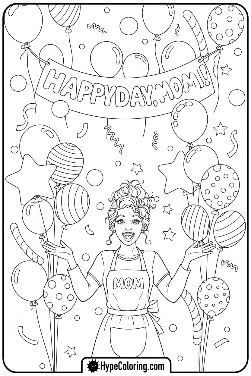 Click to download PDF mom-with-balloons-and-confetti - happy birthday mom coloring page