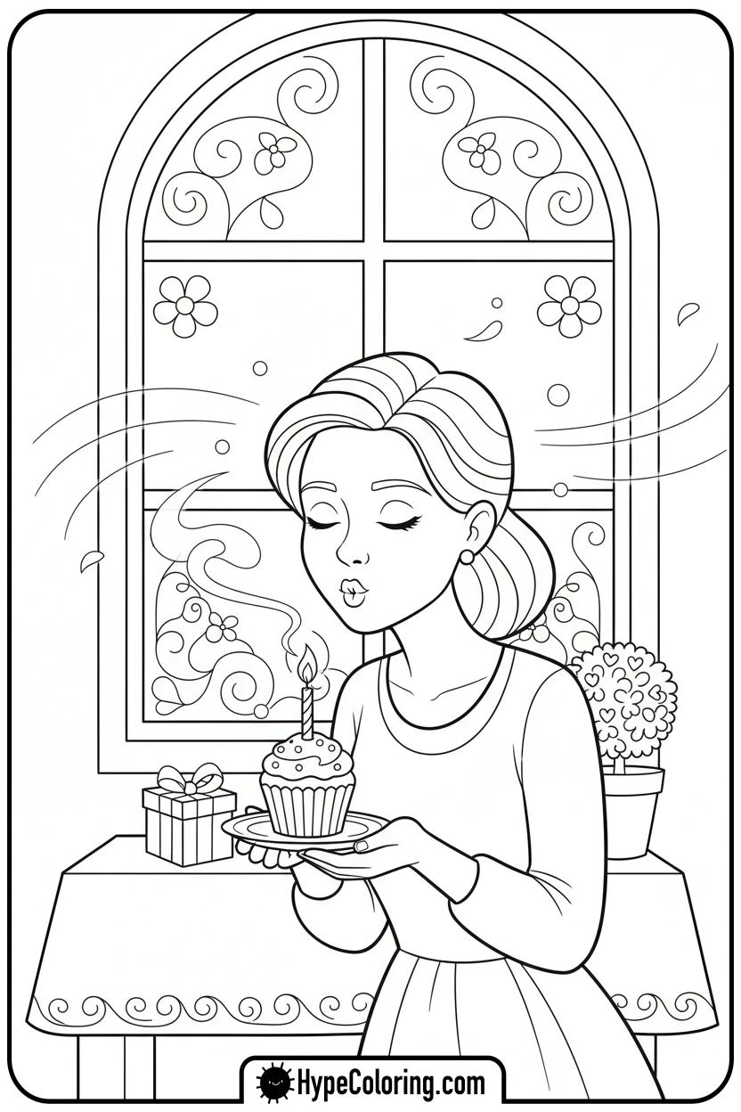 Click to download PDF mom-blowing-out-candles-on-cupcake - happy birthday mom coloring page