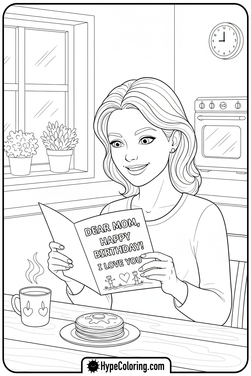 Click to download PDF mom-reading-a-birthday-letter - happy birthday mom coloring page