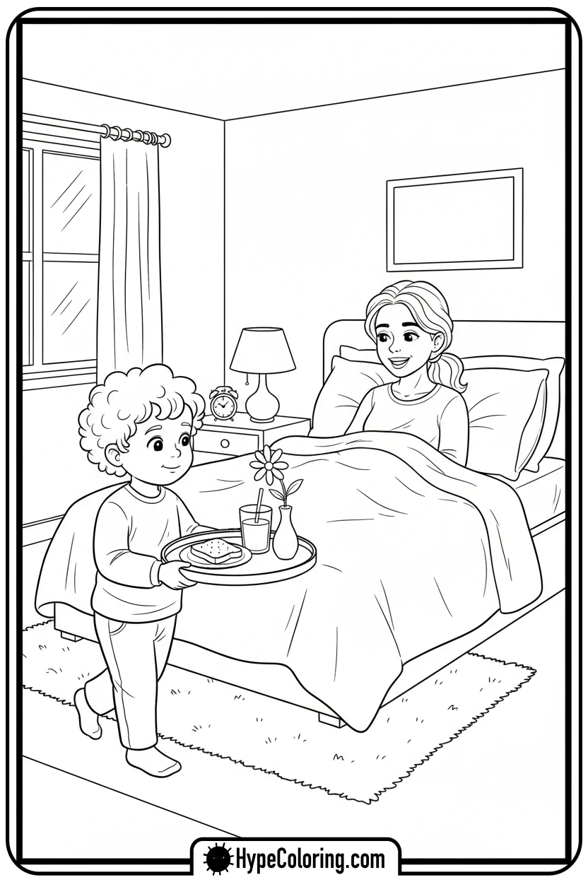 Click to download PDF breakfast-in-bed-for-mom - happy birthday mom coloring page