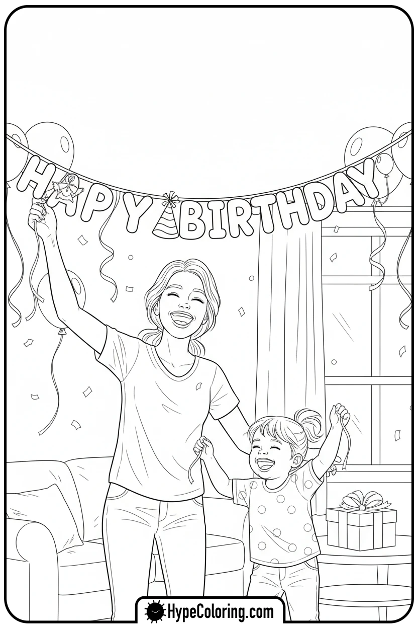 Click to download PDF mom-and-child-decorating - happy birthday mom coloring page