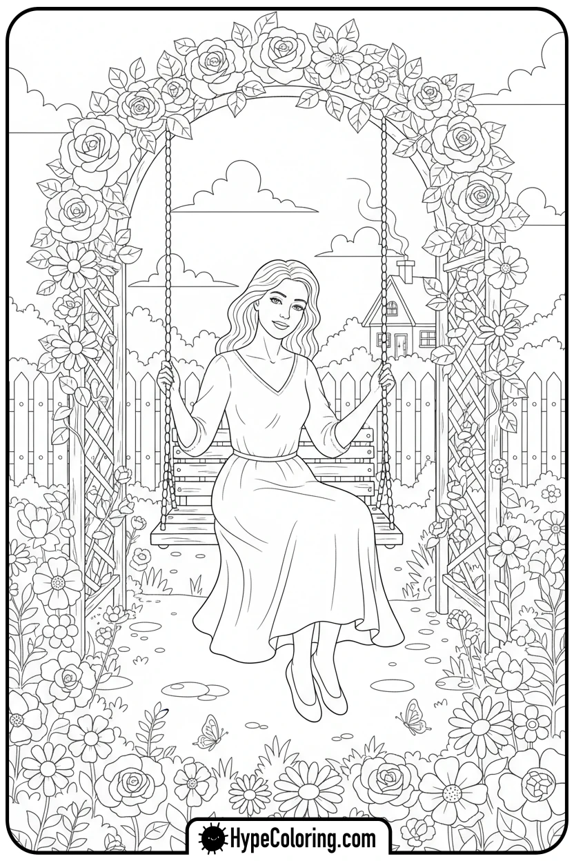 Click to download PDF mom-on-a-garden-swing - happy birthday mom coloring page
