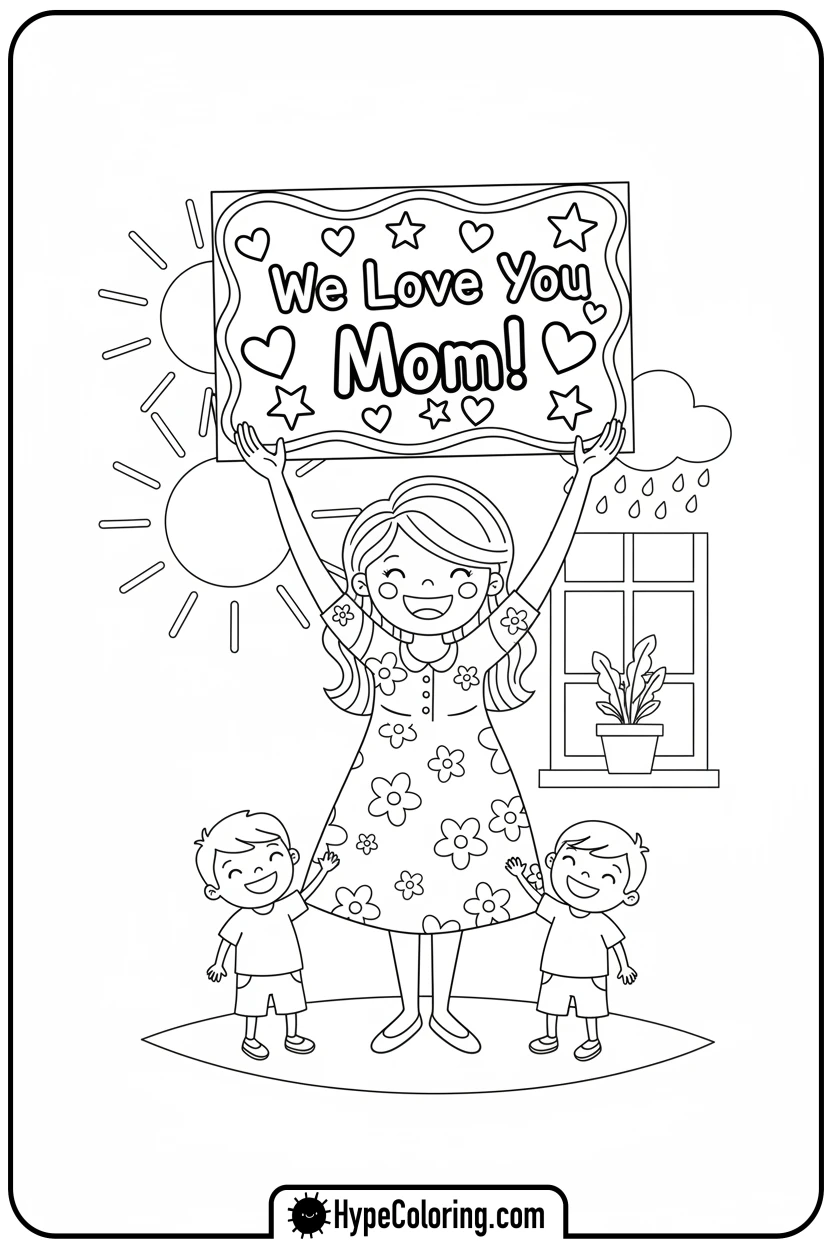 Click to download PDF mom-holding-love-you-mom-sign - happy birthday mom coloring page