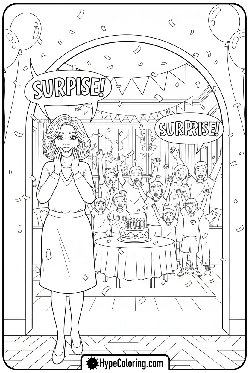 Click to download PDF mom-at-surprise-party - happy birthday mom coloring page