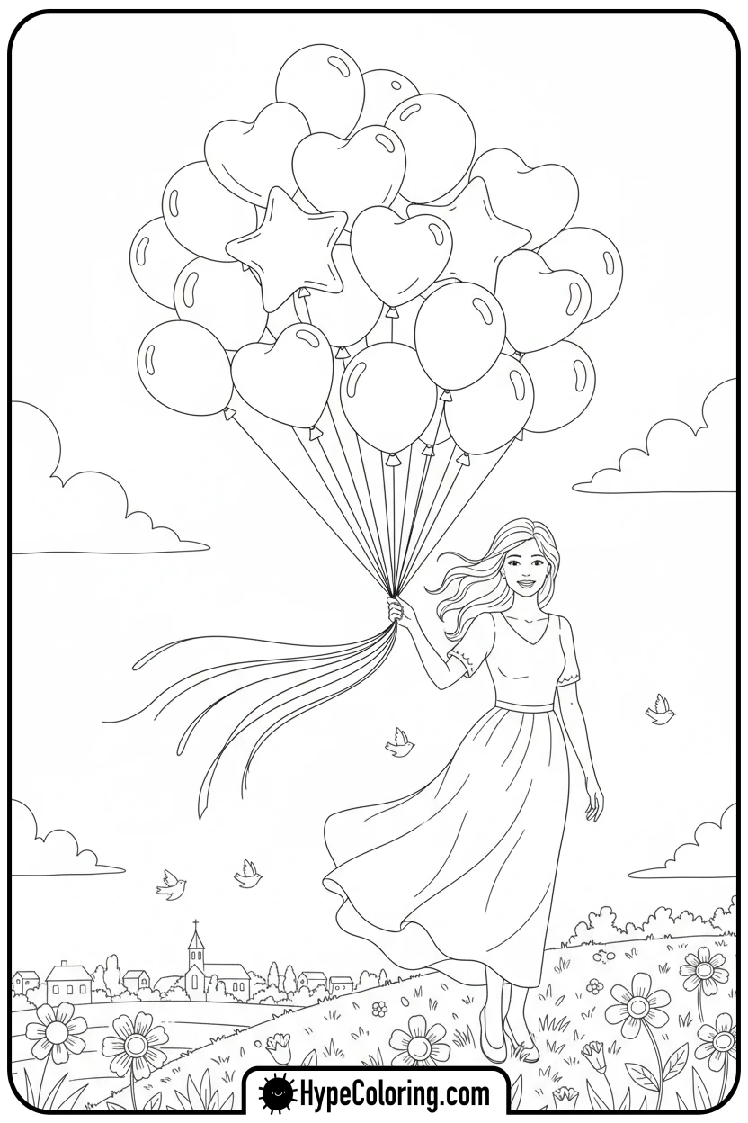 Click to download PDF mom-with-helium-balloons - happy birthday mom coloring page