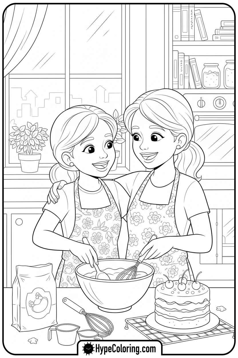 Click to download PDF mom-and-child-baking - happy birthday mom coloring page