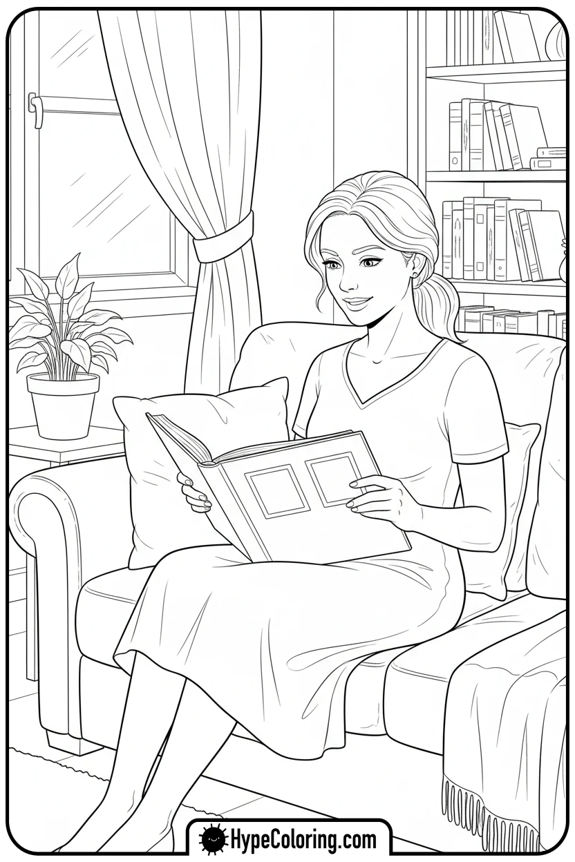 Click to download PDF mom-looking-at-photo-album - happy birthday mom coloring page