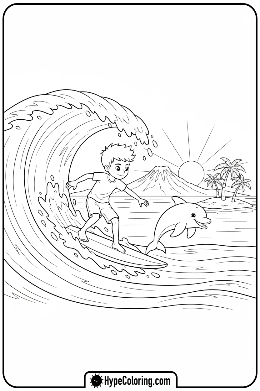 boy-surfing-with-dolphin - hawaiian coloring pages