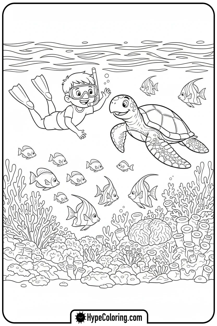 child-snorkeling-with-sea-turtle - hawaiian coloring pages