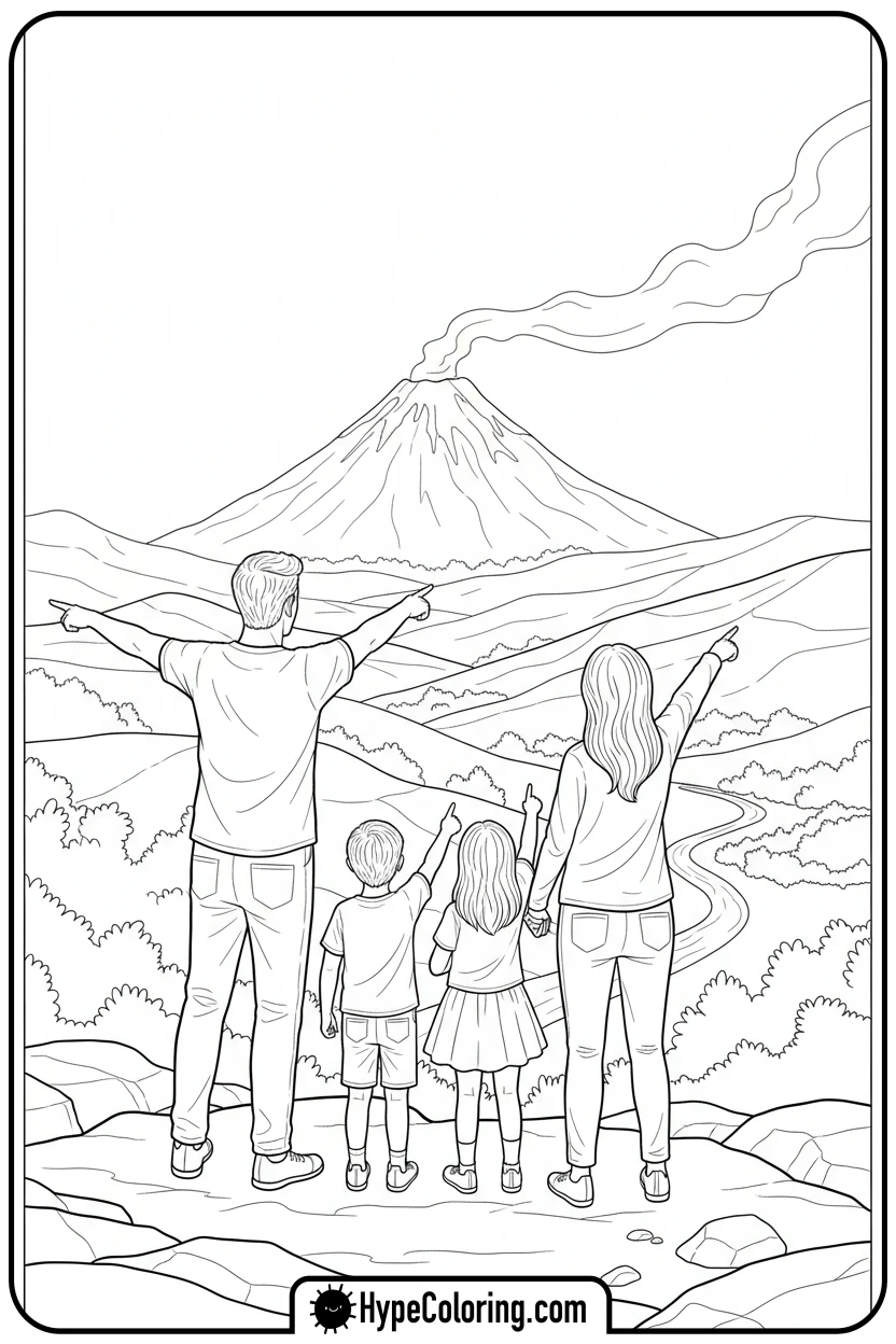 family-viewing-volcano - hawaiian coloring pages