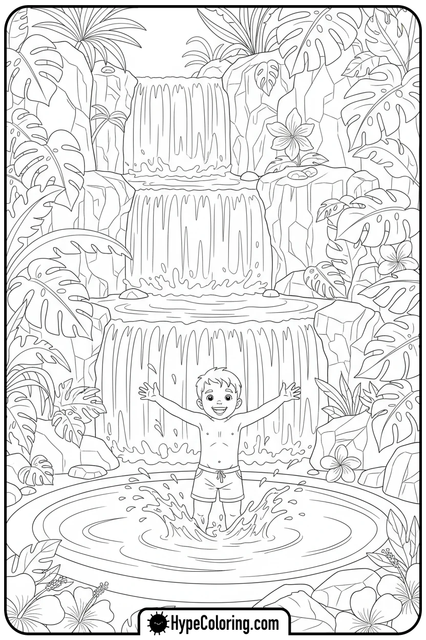 child-splashing-at-waterfall - hawaiian coloring pages