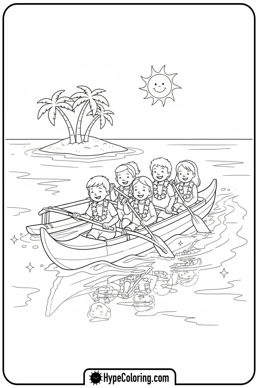 children-paddling-canoe - hawaiian coloring pages