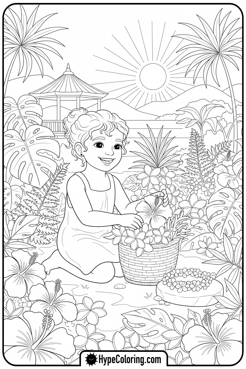 child-picking-tropical-flowers - hawaiian coloring pages