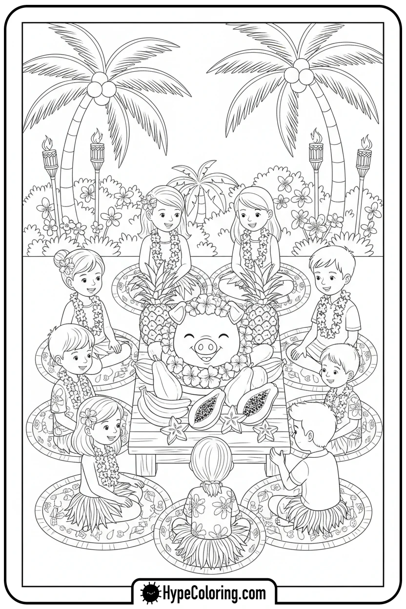 children-at-luau-feast - hawaiian coloring pages