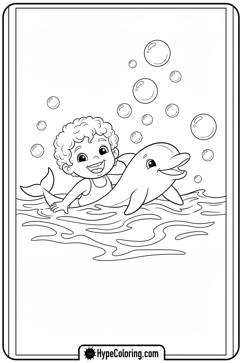 child-swimming-with-dolphin - hawaiian coloring pages