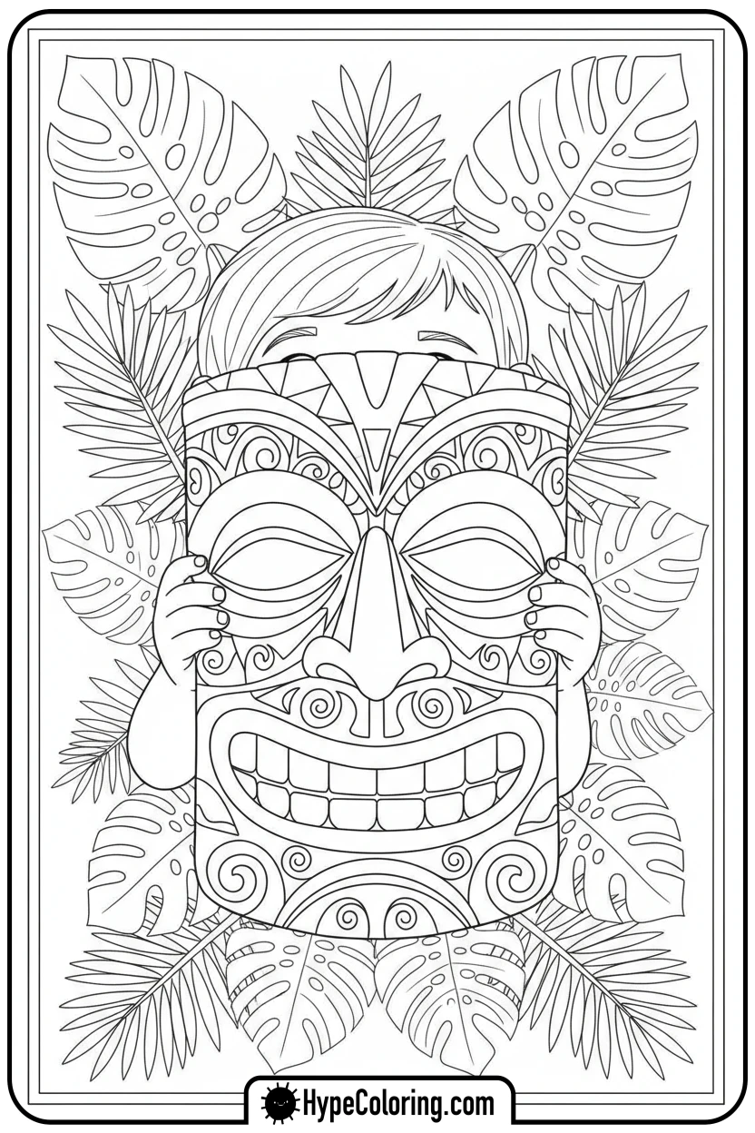 child-with-tiki-mask - hawaiian coloring pages