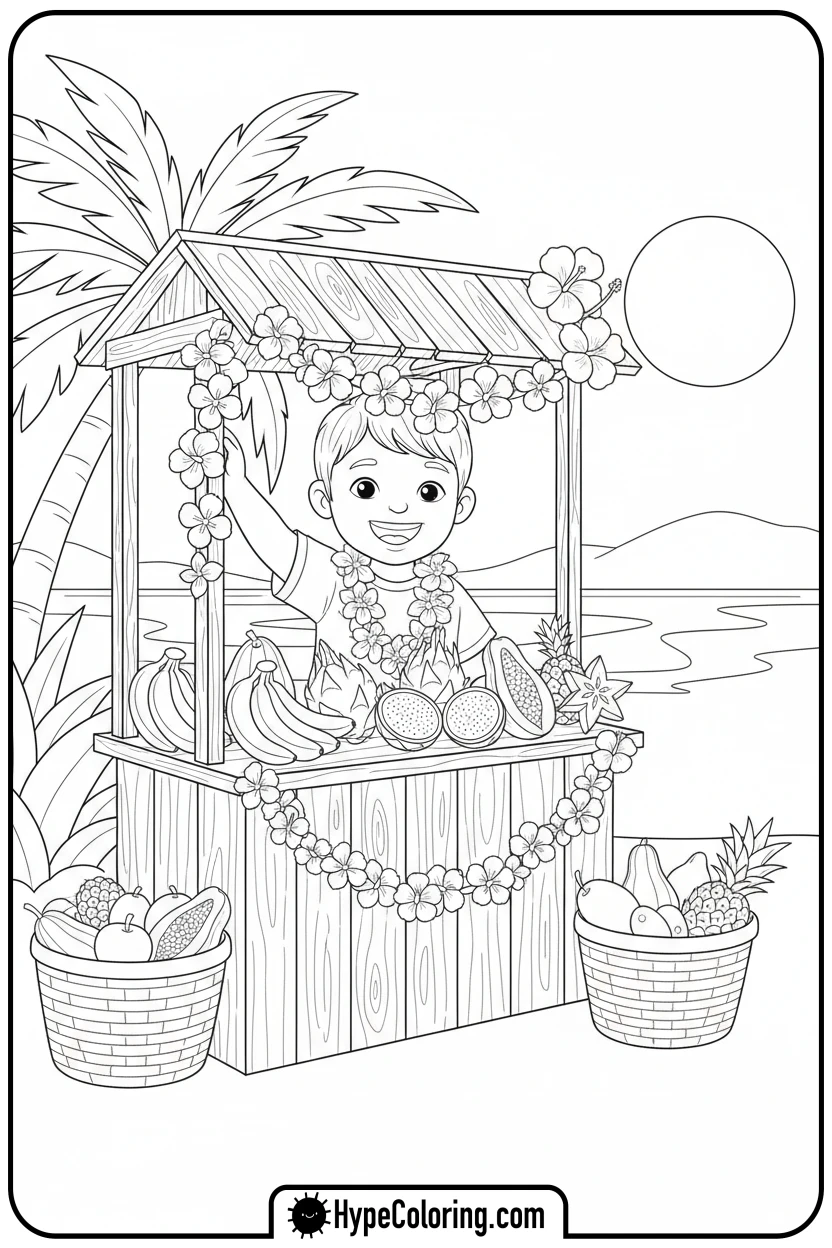 child-at-fruit-stand - hawaiian coloring pages