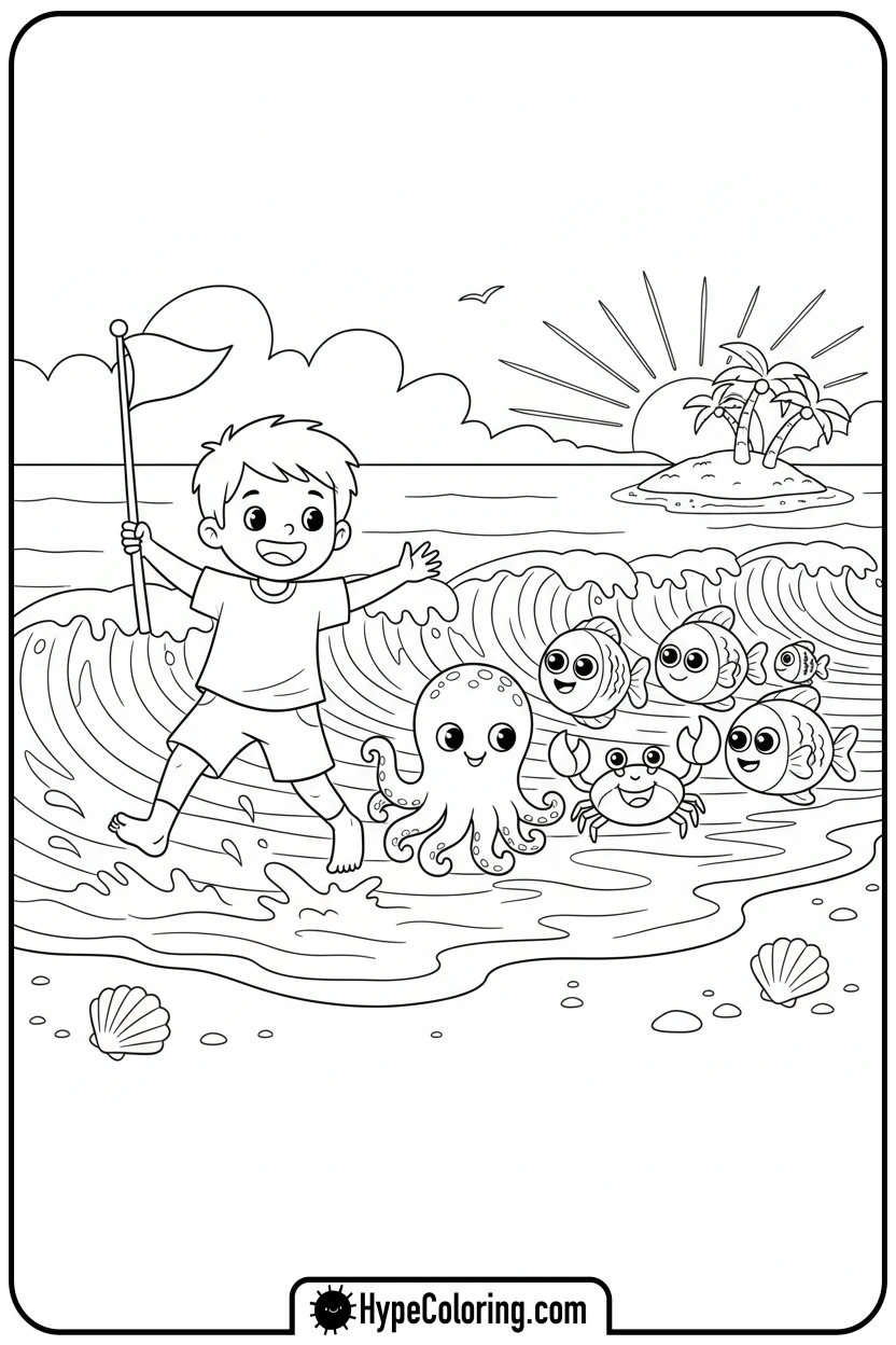 child-leading-sea-animal-parade - hawaiian coloring pages