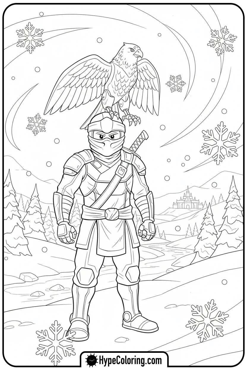 Click to download PDF zane-with-his-falcon-in-snow - lego ninjago coloring pages