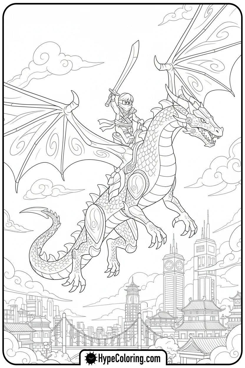 Click to download PDF lloyd-on-green-dragon-over-city - lego ninjago coloring pages