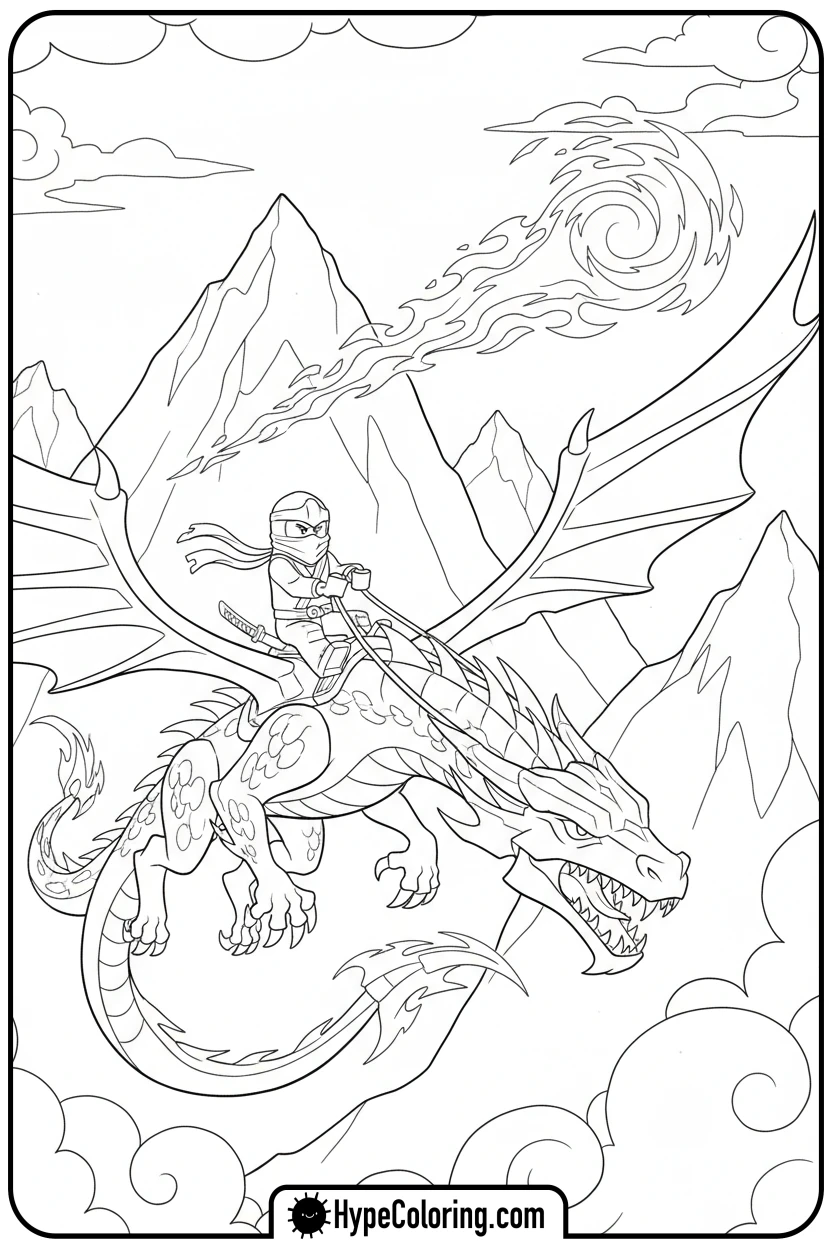 Click to download PDF kai-riding-fire-dragon - lego ninjago coloring pages