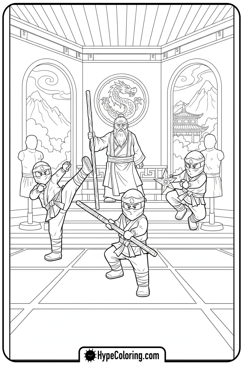 Click to download PDF ninja-training-in-dojo - lego ninjago coloring pages