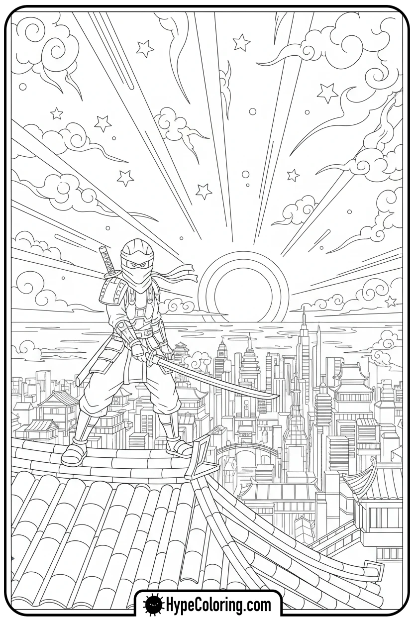 Click to download PDF ninja-overlooking-ninjago-city-at-sunset - lego ninjago coloring pages