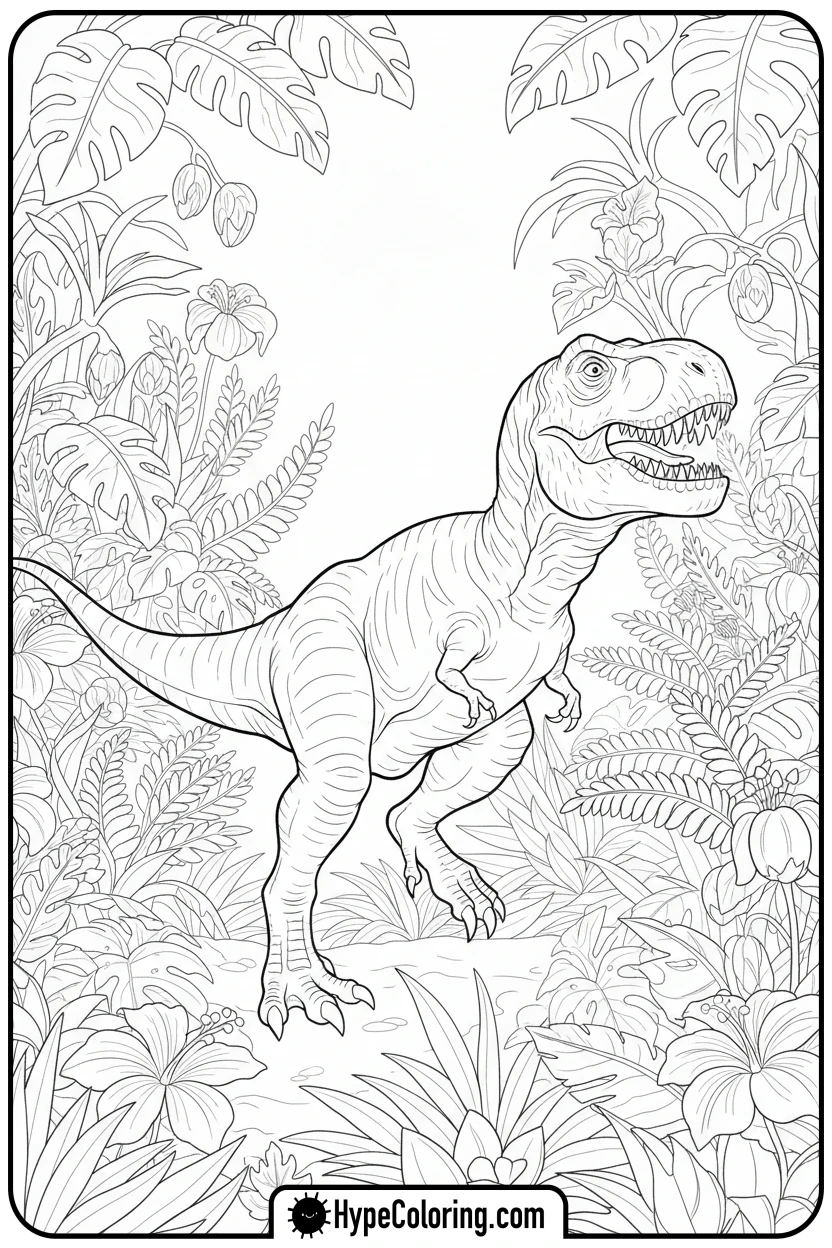 t-rex-walking-through-jungle - tyrannosaurus rex coloring page