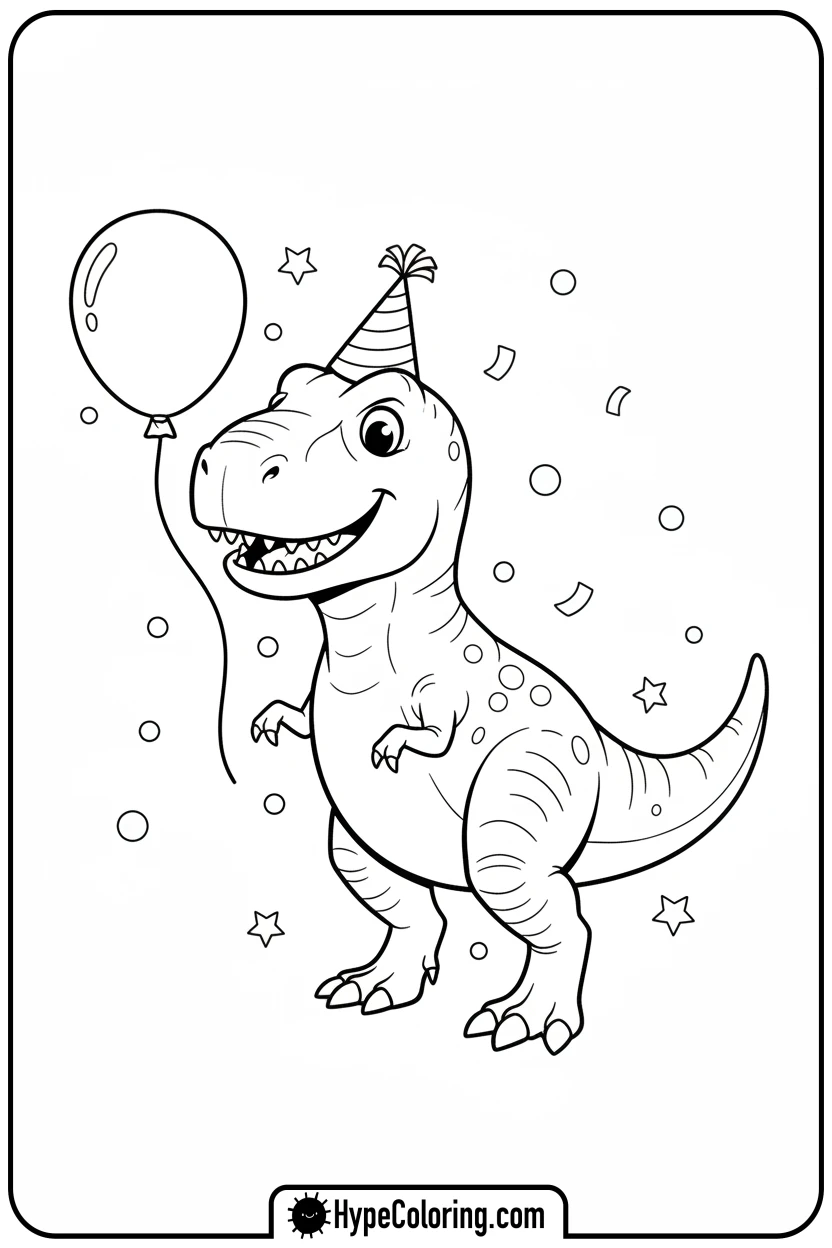 party-t-rex-with-balloon - tyrannosaurus rex coloring page