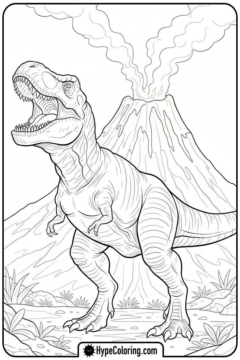roaring-t-rex-near-volcano - tyrannosaurus rex coloring page